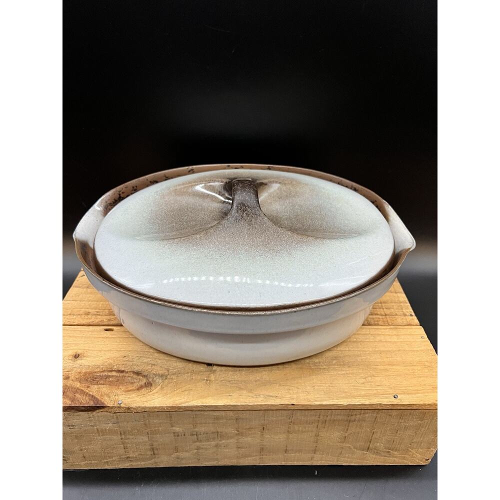 Vintage Blue Brown Oval Ceramic Casserole Dish With Lid Signed